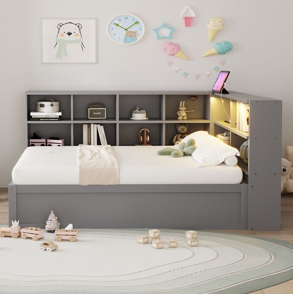 Bett 90x200 cm aus Massivholz mit Stauraum und LED-Beleuchtung