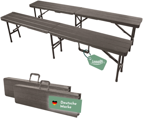 Klappbank im 2er Set braun, mobile Sitzbank 180x25cm, klappbare Bierbank für 4 Personen
