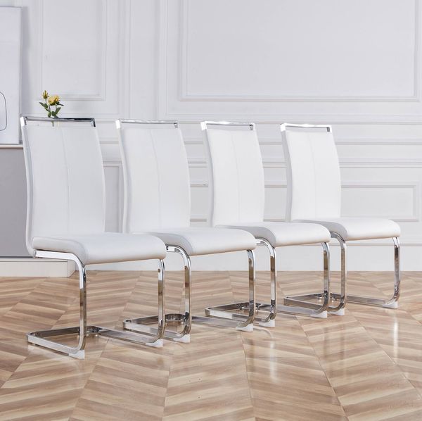 Freischwinger 4er-Set 100cm×42cm×54cm – weiß, 120 kg belastbar, verchromtes Metallgestell mit Kunstlederbezug