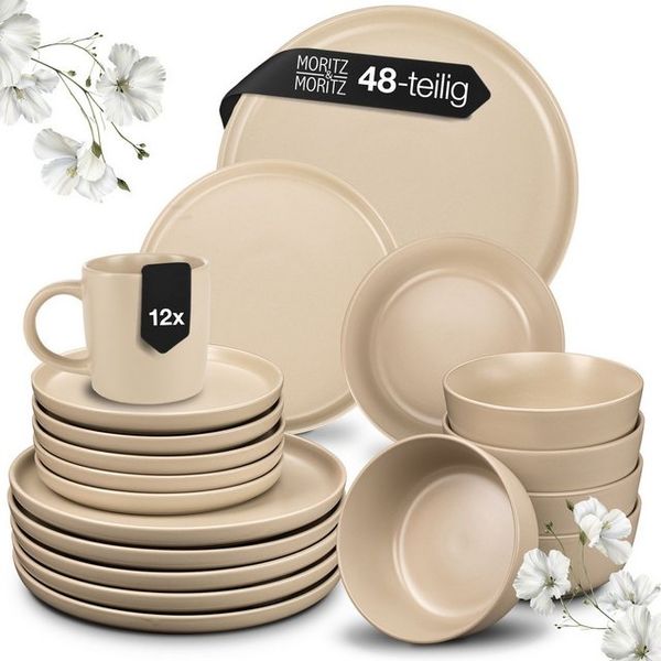 Moritz & Moritz Kombiservice NORDIC 48tlg Geschirrset Taupe mit Tassen (48-tlg), 12 Personen, Steinzeug, Spülmaschinengeeignet