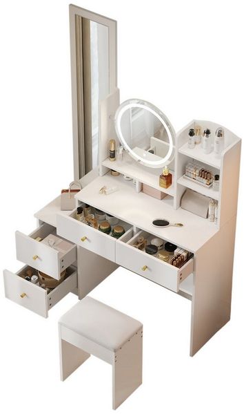 MODFU Schminktisch Kosmetiktisch (Luxus 4-in-1 Schminktisch mit Ganzkörperspiegel & LED – Make-up Kommode mit Hocker & Stauraum, B109/D36/H164 cm), Mit Kippsicherung