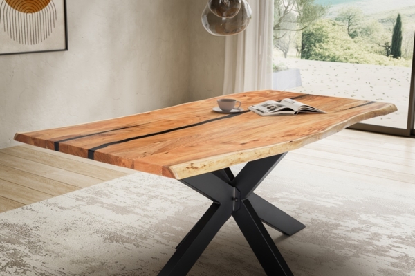 Epoxidharz Esstisch 180x90cm "Varna" Akazie massiv & Metall schwarz