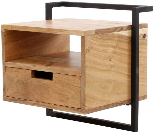 Nachttisch Natredja aus massivem Akazienholz, Loft Design, Natur, mit Schublade und offenem Fach