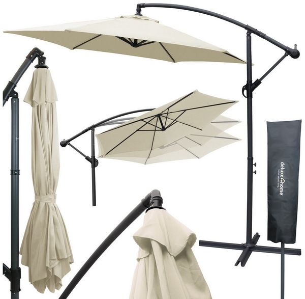 deluxe4home Sonnenschirm Ampelschirm Ø270 cm mit Ständer & Schutzcover I Terrassenschirm, Mit Handkurbel