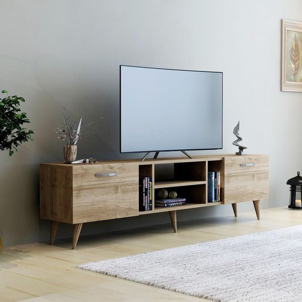 Hanah Home Stylish Walnut TV Stand, 180 x 41.6 x 29.6 cm | 100% Melamine Coated Particle Board | Ample Storage & Shelves for Modern Living Rooms