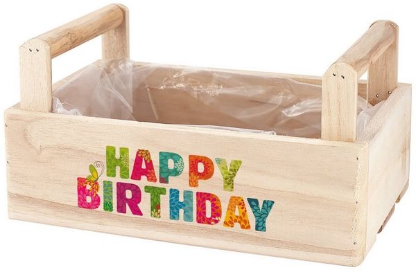 Herz & Heim Geschenkbox aus Holz zum Befüllen mit buntem "Happy Birthday" Aufdruck