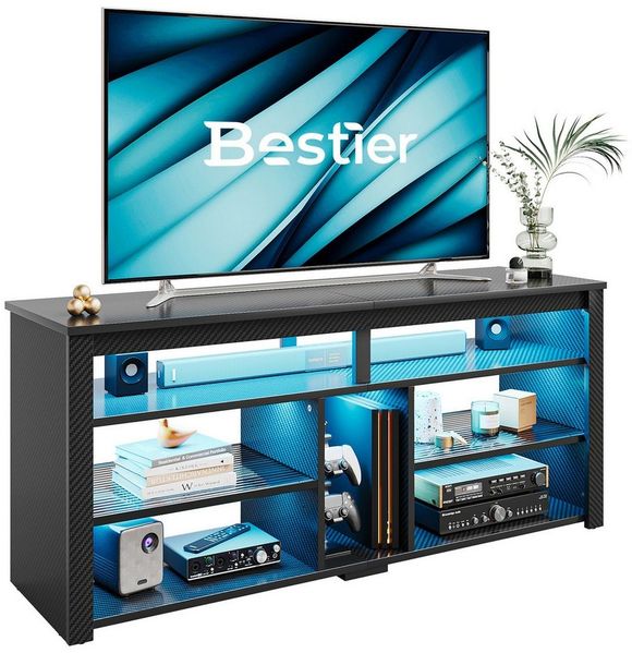 Bestier Lowboard TV-Schrank, Sideboard, Gaming TV Board mit LED-Beleuchtung (Breite 140 cm Fernsehtisch, 1 St, TV-Ständer für 55/60/65 Zoll Fernseher), Medien-TV Cabinet mit verstellbarem Regal, Weißer Marmor/Schwarze