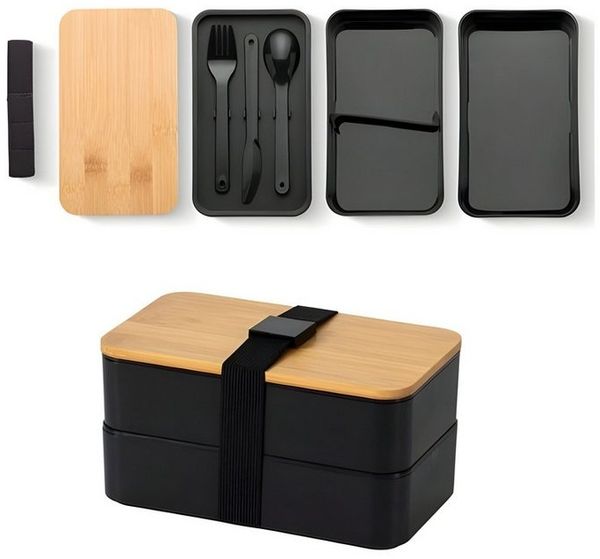 WS-Trend Lunchbox Doppelte Lunchbox 1,3L mit Bambusdeckel & Besteck – 4-teilig, Bambus, (Set, 4-tlg)