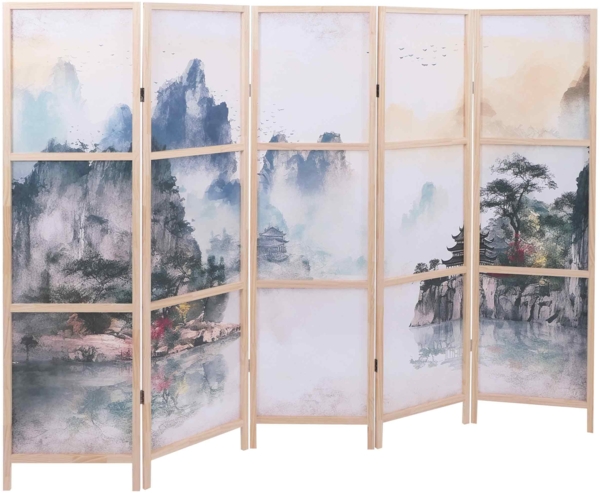 Paravent HWC-O70, Trennwand Sichtschutz Raumtrennung Naturmotive Holz MVG Polyethylen 170x227 cm ~ Berge