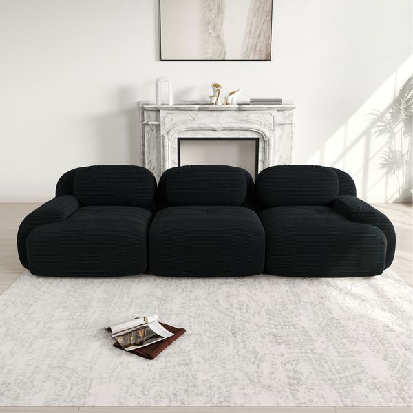 Flieks Modulares Cord Sofa 3-Sitzer, Cloud Sofa rahmenlos, bodennah mit tiefer Sitzfläche, weich & bequem, rutschfest, Schwarz