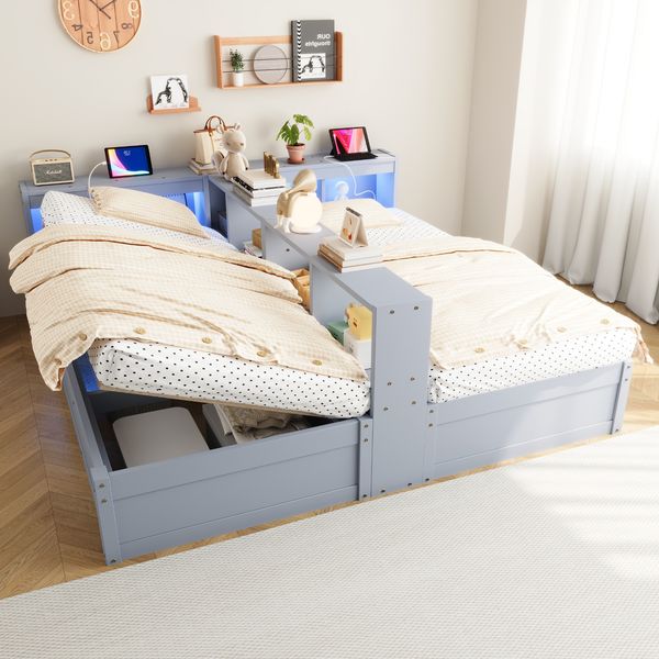 Schlafsofa 90/180 × 200 cm, Ausgestattet Mit Einer Euro-Steckdose Und Mehreren Staufächern, Mit LED-Lichtleiste, Hydraulischem Bettmechanismus, Multifunktionalem Holzbett, Doppelbett, Grau