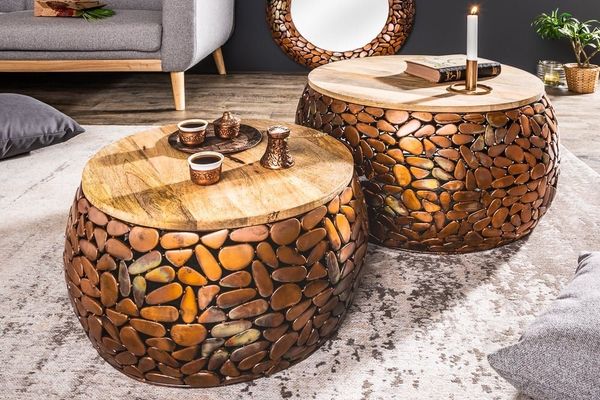 riess-ambiente Couchtisch STONE MOSAIC Ø65cm kupfer / natur (Set, 2-St), Wohnzimmer · Metall · Massivholz · rund · Mosaik Design · handmade