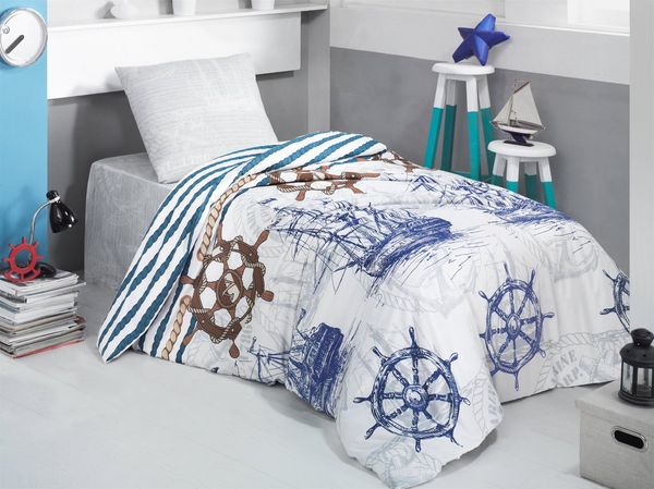 yadetextil Bettwäsche Kinder Bettwäsche 135x200 cm, Marine, Renforce, 2 teilig, blau/weiß, 100% Baumwolle, piratenschiff gemustert, Piraten