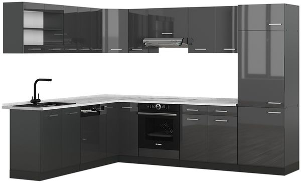 Eckküche R-Line Anthrazit Hochglanz/Anthrazit 287 x 60 cm , AP Marmor Vicco