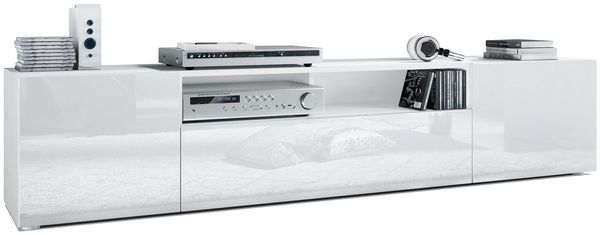 Vladon Lowboard Mogan, TV-Kommode mit 2 Türen, 1 Klappe und 1 offenes Fach, Weiß matt/Weiß Hochglanz (181 x 39 x 35 cm)
