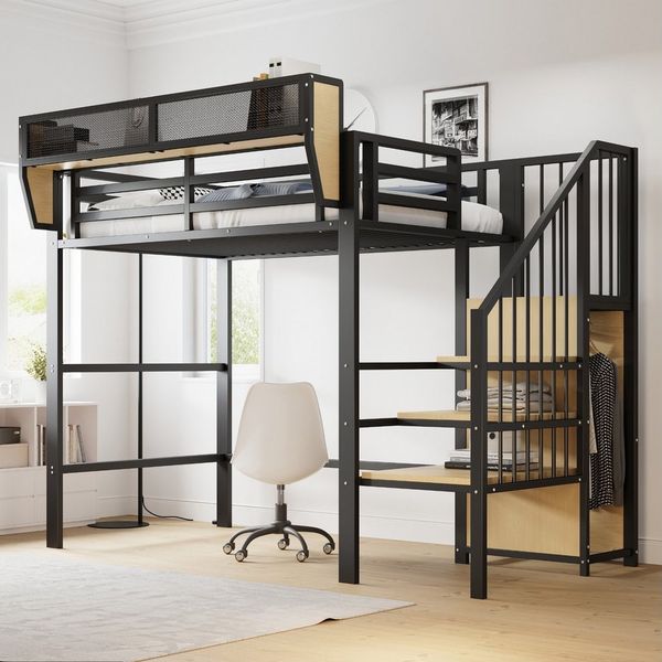 MODFU Hochbett Funktionsbett Kinderbett (90x200 cm mit Regal & Sicherheitsleiter, Platzsparendes Metallbett, für Kinder, Jugendliche & kleine Wohnungen) ohne Matratze