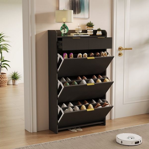 PXloue Schuhschrank mit 2 Klappen Schuhregal Schukipper( mit Kippsicherung) (mit 2 Schubladen) Schuhkommode im Flur Diele,Trennwand verstellbar, 110x24x80 cm