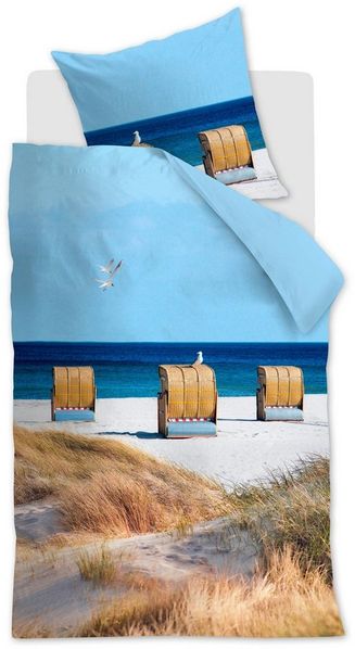 Beddinghouse Bettwäsche Ambiante, Baumwolle, Strandkörbe, Düne, Meer, blau