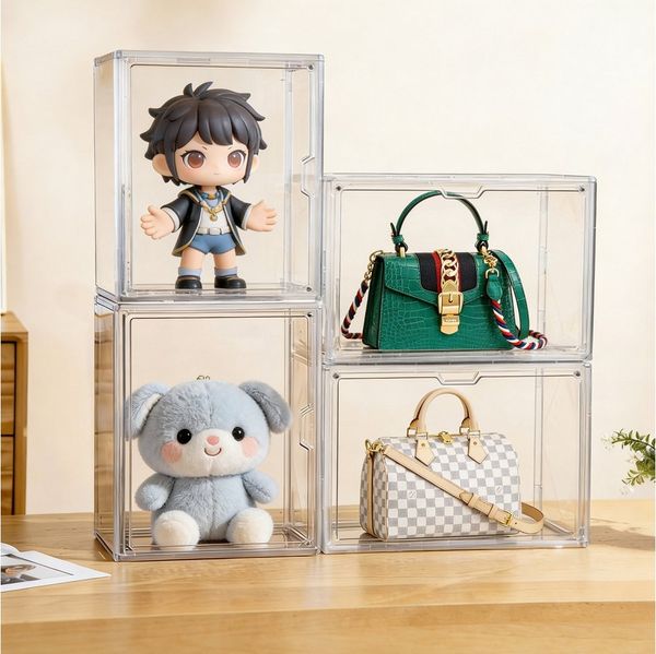XERSEK Aufbewahrungsbox Acryl-Vitrine Magnettür Displaybox Organizer Schaukasten Schuhboxen (Set, 4 St, 36 x 22 x 27 cm Stapelfähig), für Figuren, Handtaschen, Spielzeug, Handwerk, Bücher