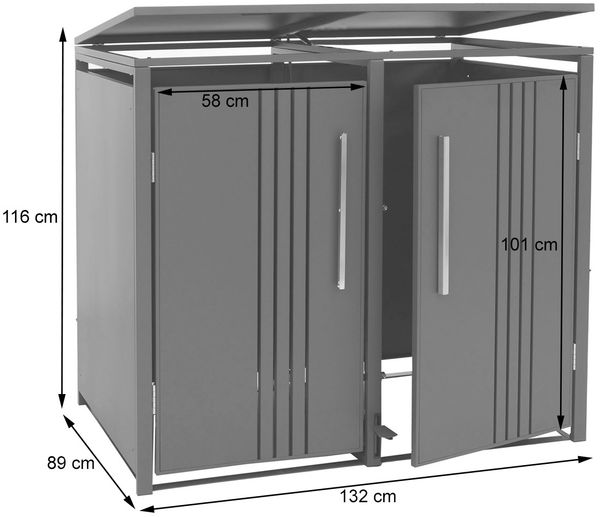 2er-Mülltonnenverkleidung HWC-Q76, Mülltonnenbox Mülltonnenhaus, Deckel Fußpedal Metall 116x132x89cm 53kg ~ anthrazit Bild 3