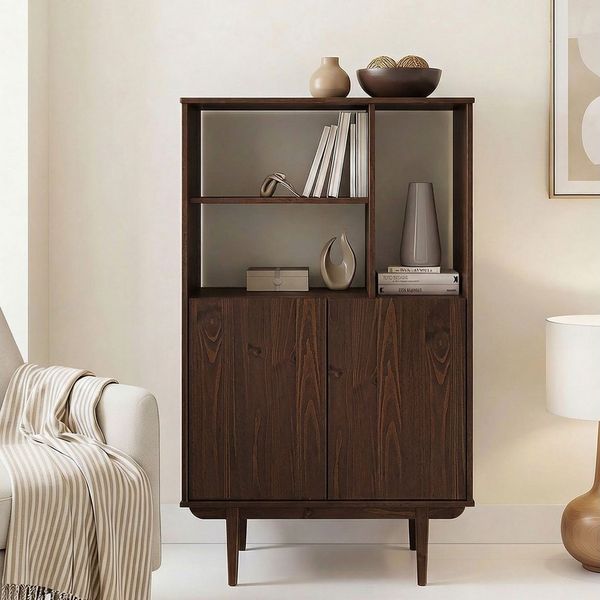 IDIMEX Highboard SIMONA, Wohnzimmerschrank offene Fächer & Türen Massivholz nussbaum farben