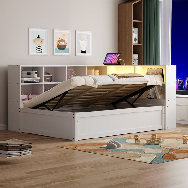 Bett 90x200 cm ohne Matratze, Holzmaterial in Weiß, mit Bettkasten, LED-Lichtleiste und integrierter Steckdose