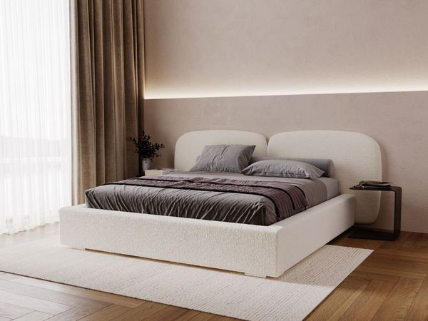 GRAINGOLD Palermo Doppelbett 120x200, mit modern Kopfteil, Bettkasten, Lattenrost, Geflechtstoff, Creme