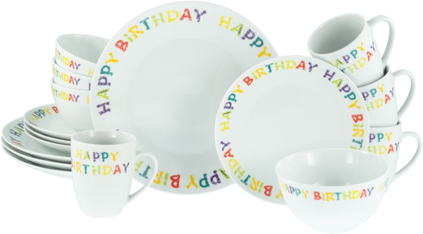 CreaTable, 24166, Serie Happy Birthday, 16-teiliges Geschirrset, Kombiservice aus Porzellan