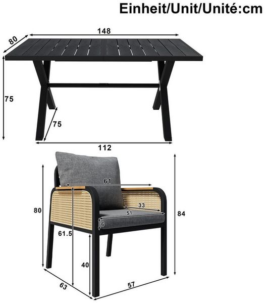 Celya Garten-Essgruppe Modernes Outdoor-Sofa-Set, Freizeit- und Besprechungsset, (Inklusive Sitzkissen), für mehrere Personen, Eisengestell, Geflochtene Armlehnen
