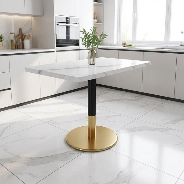 OKWISH Esstisch 80x60 cm Esstisch für 2 Personen in Weiß Marmoroptik mit Goldfuß (Packung, 1-St, aus MDF, Kleiner Küchentisch mit schwarzem Metallsäulenfuß), Besprechungstisch für Esszimmer, Küche, Büro & Meetingraum