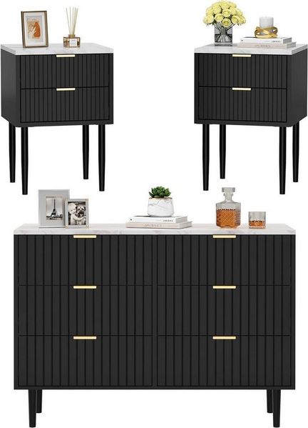 UEV Schlafzimmer-Set, 3er-Set Schlafzimmermöbel in Marmoroptik, (Kommode mit 6 Schubladen und 2er-Set Nachttisch marmor), Sideboard mit Kisppschutz, mit Soft-Close