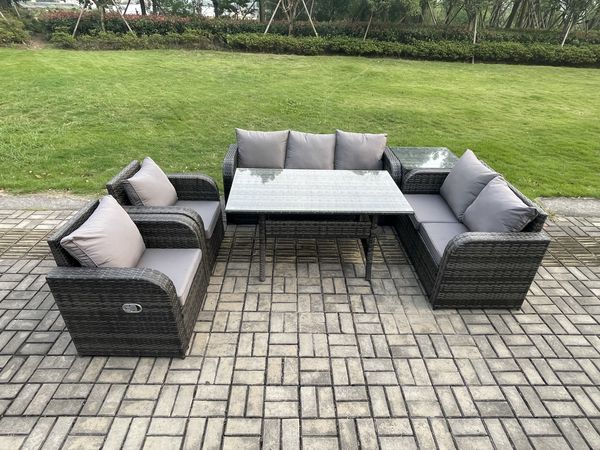 Fimous Dunkelgrau Polyrattan Gartenmöbel-Set Liegestuhl Liebe Sofa 2 Sitzer Sofa Set Outdoor Rechteckiger Esstisch Beistelltisch 7 Sitzer