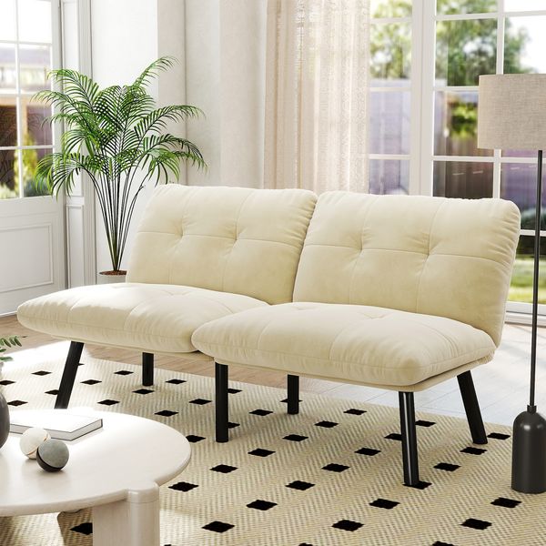 Klappbares Sofa-Bett in Cream, 160 x 81 x 78 cm – 2-Sitzer aus Samt mit Metallrahmen