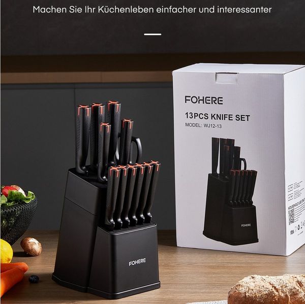 FOHERE Messer-Set 13-teiliges Messerset mit Block und Integriertem Schärfer (13-tlg), hochwertige Edelstahlklingen mit schwarzer Antihaft-Beschichtung