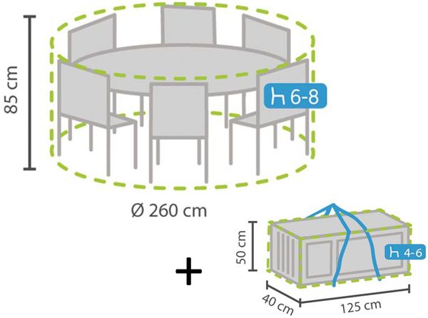 Schutzhüllen Set: Abdeckung rund für Gartenmöbel Ø260 cm + Hülle für 4-6 Kissen