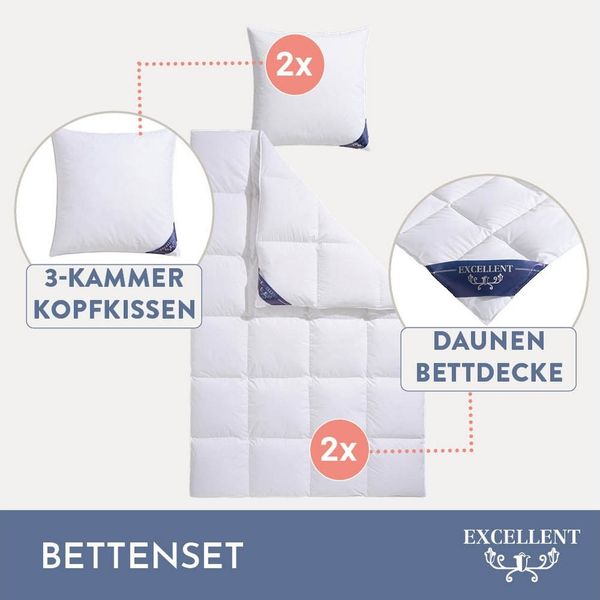 Excellent Daunenbettdecke + 3-Kammer-Kopfkissen Venedig, 2-tlg, hergestellt in Deutschland, verschiedene Größen, Füllung: Bettdecke: 90% Daunen, 10% Federn, Bezug: 100% Baumwolle, Decke mit Kissen,Set, Sommer, Winter, Bettdecke 135x200 cm, 155x220 cm