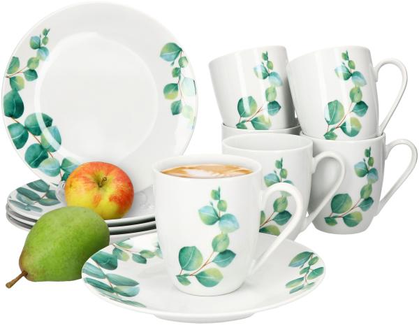 Eukalyptus 12tlg Frühstücksset Porzellan 6 Personen kleine Teller Becher Blatt