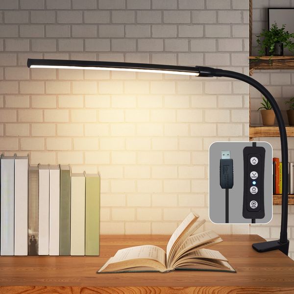 ZMH Schreibtischlampe LED Klemmbar - Schreibtischleuchte Schwarz 3 Farben und 5 Helligkeitsstufen USB 5W Tageslichtlampe Augenschutz Schwanenhals Tischlampe für Büro Arbeitszimmer Schneider