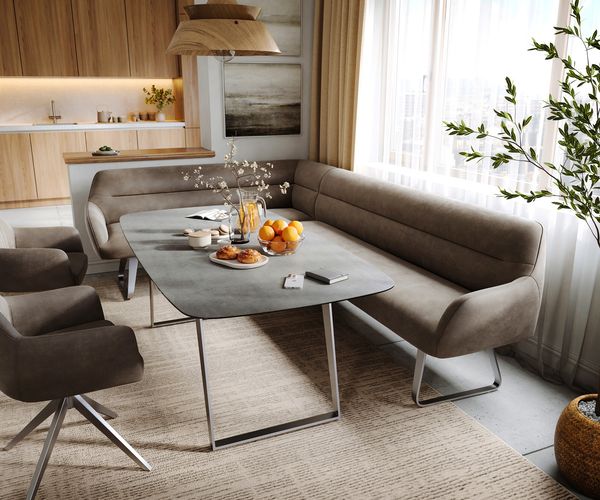 Esszimmerbank Taya-Flex 285x190 cm Mikrofaser Taupe Vintage Kufengestell flach Edelstahl Taschenfederkern Rechts
