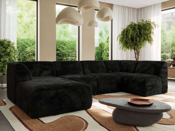 Modulares XXL-Ecksofa MODARO 5M, U-Form, Wohnlandschaft, 5-teilig, freistehend, Wohnzimmer Couch, HR-Schaumstoff - Schwarz Plüsch - Links