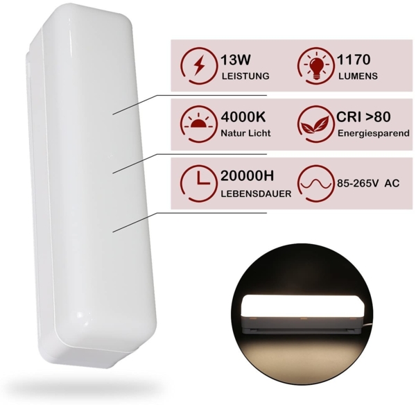 ZMH Deckenlampe LED Deckenleuchte Küche - 20cm Tageslicht Decke Weiß Küchenlampe Lang 13W Flurlampe Innen Kellerlampe 4000K Neutralweiß Tageslichtlampe für Flur Keller Garage Büro Schlafzimmer Bild 3