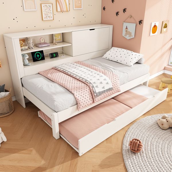 Merax Einzelbett, Schlafsofa, 90×190 cm, Kinderbett, Daybett mit Ausziehbett 90×190, mit Stauraum‑Rückwand, offenes Fach, verdeckter Klapp‑Stauraum, USB Ladestation, weiß