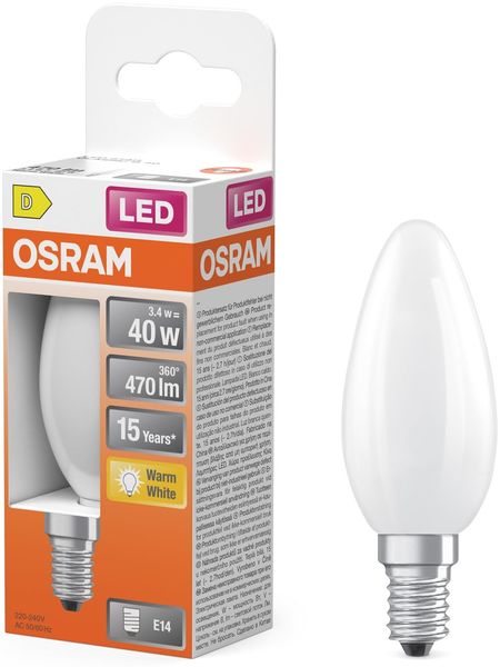 Osram LED Retrofit CLASSIC B in B-Form, LED-Lampe, Glas, Matt, 3,4 W, 470 lm, 2700 K, CRI 80