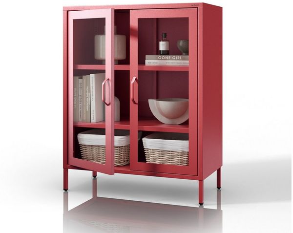 Jan Nowak 2-türiger Vitrinenschrank - GINA | 2 verstellbare Ablagen, Gehärtetes Glas, Wandmontage | Glasvitrine Stehend, Vitrine Glas, Wohmzimmerschrank Glitzernd | 80 x 101,5 x 40 cm | Rot