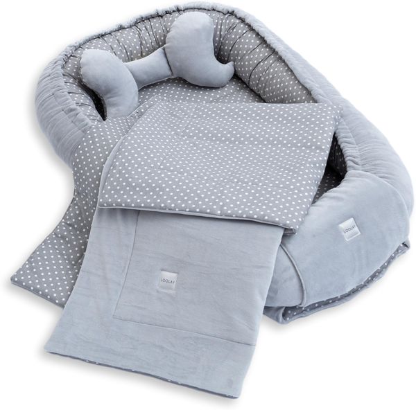LOOLAY Babynest, Nestchen für Neugeborene – Baby Nestchen 91 × 63 cm mit Decke, Tragbares Nest aus Samtvelours & Baumwolle – Wendbares, Ganzjährig Nutzbares babynestchen (Punkte Grau)
