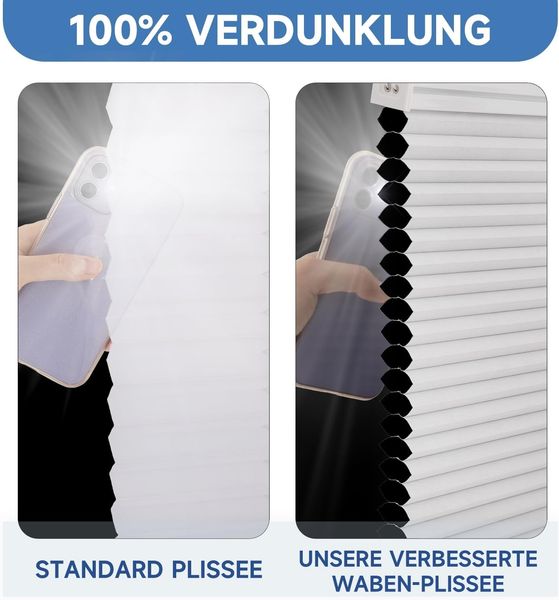 Sekey Wabenplissee Ohne Bohren Verdunkelung Rollo 100% verdunkelnd Blickdicht, Klemmfix, Aluminiumschiene, ZWeißeitig wählbar in Weiß & Grau 90x120cm Bild 5