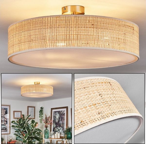 hofstein Deckenleuchte Deckenlampe aus Metall/Rattan/Stoff/Kunststoff in Naturfarben/Weiß, Deckenleuchte im modernen Boho-Design, Ø 50 cm, E27