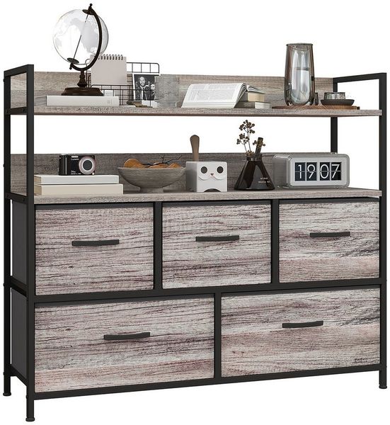 HOMCOM Kommode mit 5 Schubladen aus Stoff, Aufbewahrungsschrank, Kommodenschrank mit 2 Regalen, Stahlgestell, Industrie-Design für Wohnzimmer, Schlafzimmer Grau