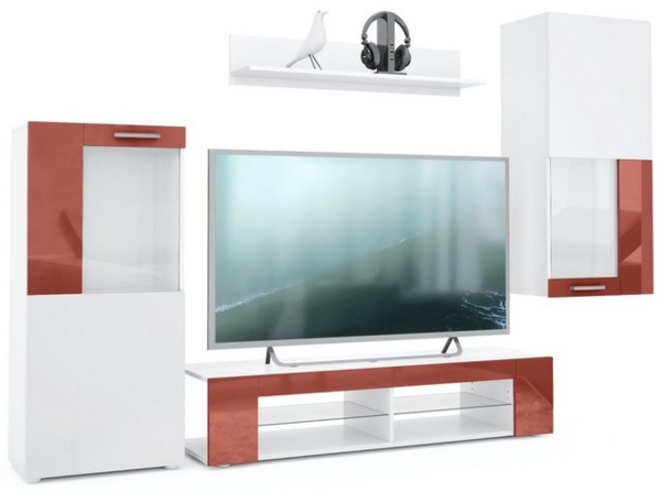 Vladon Wohnwand Movie, Anbauwand bestehend aus 1 TV-Board, 2 Vitrinen und 1 Regal, Weiß matt/Weiß matt/Bordeaux Hochglanz (Gesamt: 300 x 190 x 39 cm) Bild 4