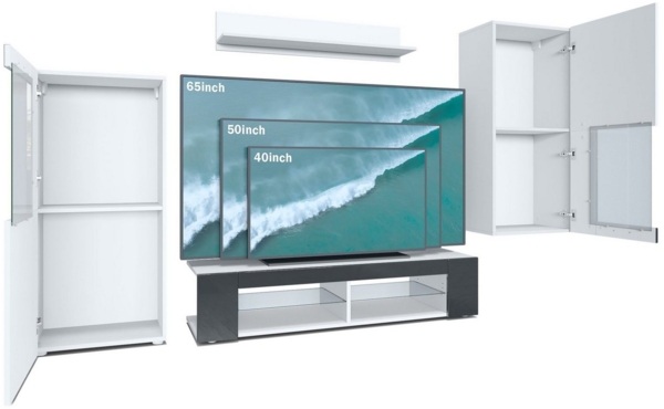 Vladon Wohnwand Movie, Anbauwand bestehend aus 1 TV-Board, 2 Vitrinen und 1 Regal, Weiß matt/Weiß matt/Bordeaux Hochglanz (Gesamt: 300 x 190 x 39 cm) Bild 2